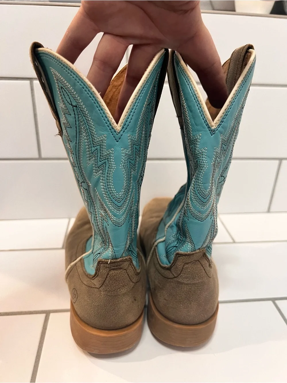 Ariat Kids Bristo Tan Turquoise Square Toe Western Cowboy Boots Size 4.5
